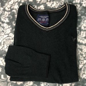 American Eagle V-neck 100 % Cotton Marled Dark Gray Teal Green Pullover Sweater